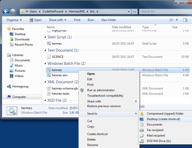 hermesjms create shortcut windows