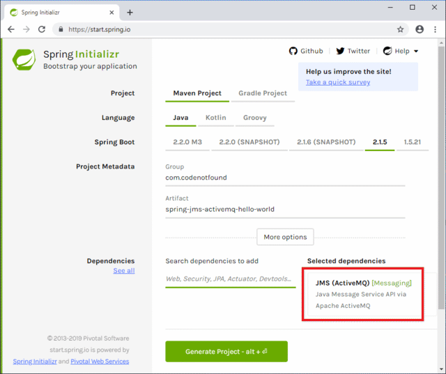 spring jms activemq hello world initializr