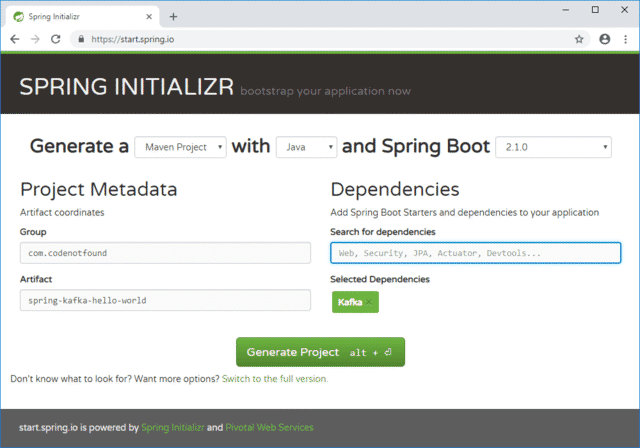 spring kafka hello world initializr